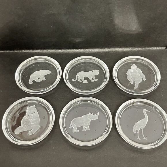Set of 6 Val St Lambert Glass Coasters Gorilla Bear‎ Rhino Bird Tiger Panda - Picture 1 of 12